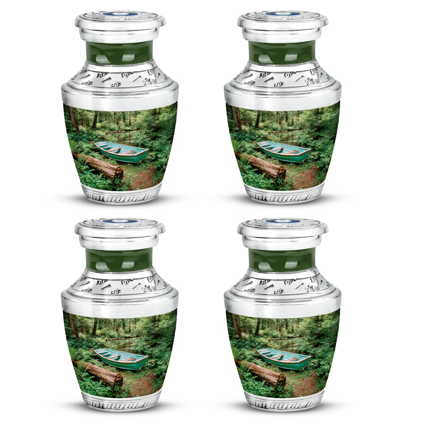 Mint Green Boat Cremation Urn back view with polished surface - artistic boat interpretation with creative detail - 10 inch aluminum urn for cremated remains