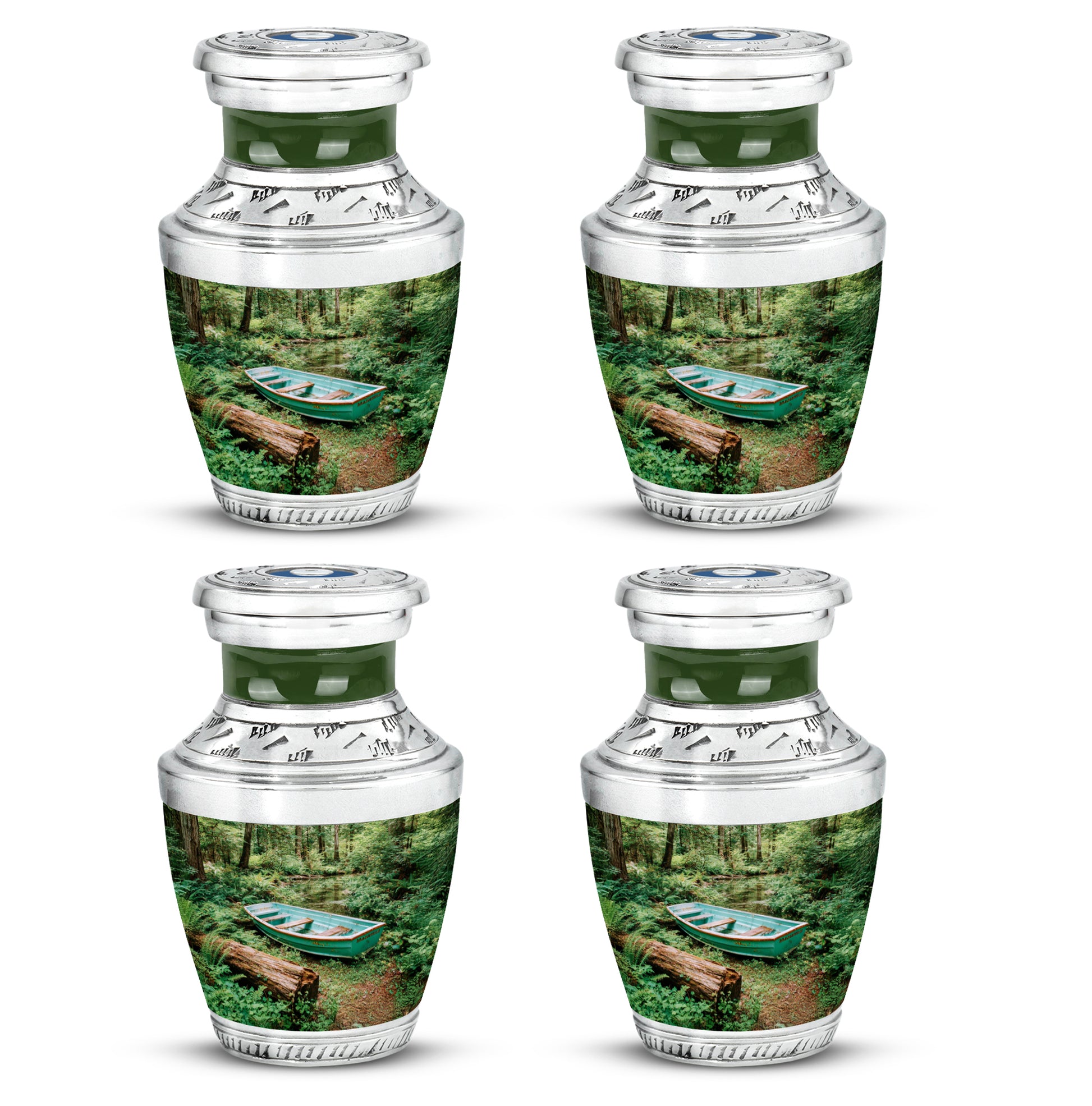 Mint Green Boat Cremation Urn back view with polished surface - artistic boat interpretation with creative detail - 10 inch aluminum urn for cremated remains