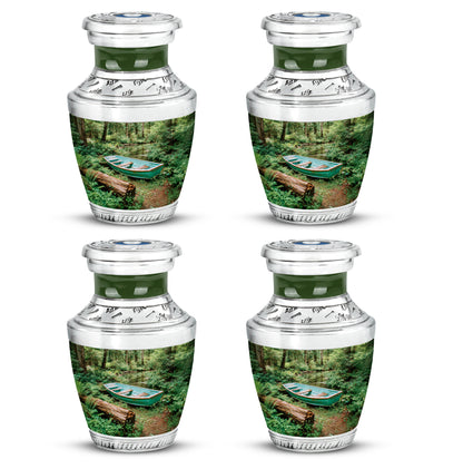 Mint Green Boat Cremation Urn back view with polished surface - artistic boat interpretation with creative detail - 10 inch aluminum urn for cremated remains