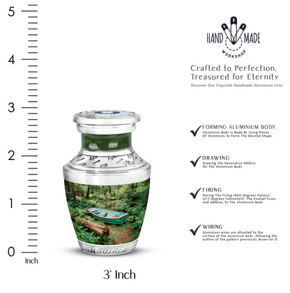 Forest Green Boat Cremation Urn top-down view of secure threaded lid - artistic boat interpretation with creative detail - mini keepsake memorial for portion of cremation ashes