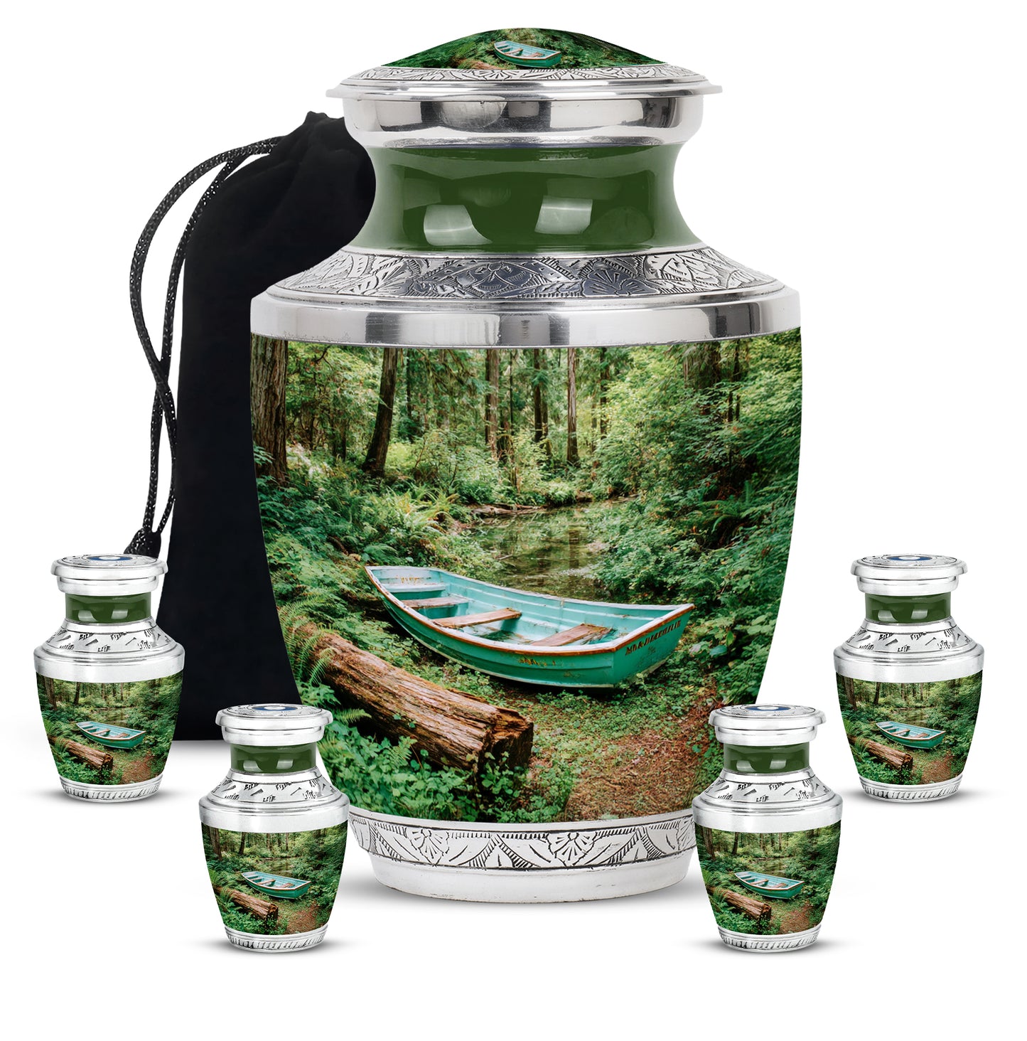 Pine Green Boat Cremation Urn lifestyle display on memorial shelf - artistic boat interpretation with creative detail - memorial set with one large and four small urns