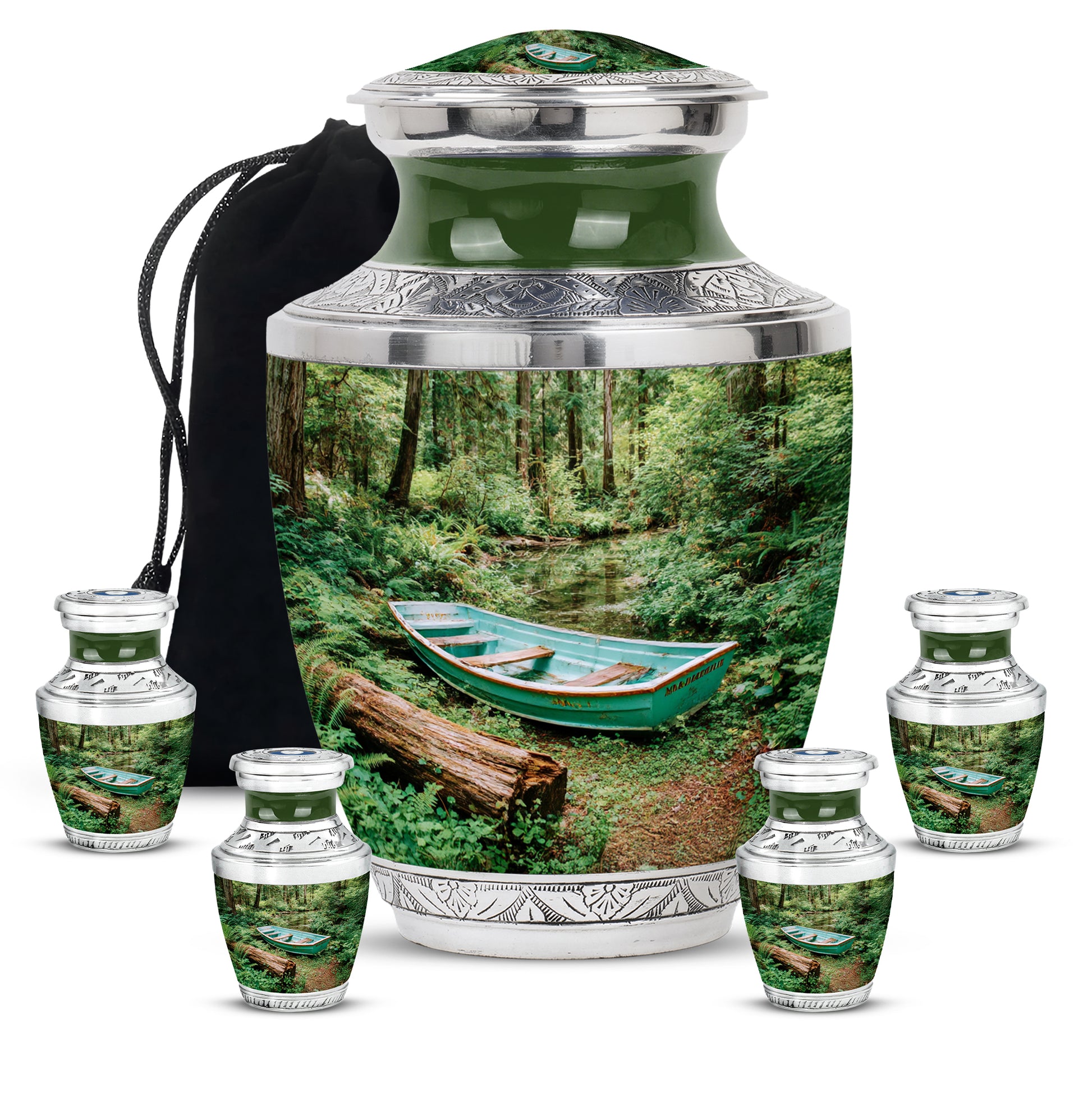 Pine Green Boat Cremation Urn lifestyle display on memorial shelf - artistic boat interpretation with creative detail - memorial set with one large and four small urns