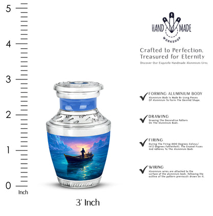 Vivid Blue Boat Cremation Urn top-down view of secure threaded lid - stylized abstract boat pattern with bold lines - mini keepsake memorial for portion of cremation ashes