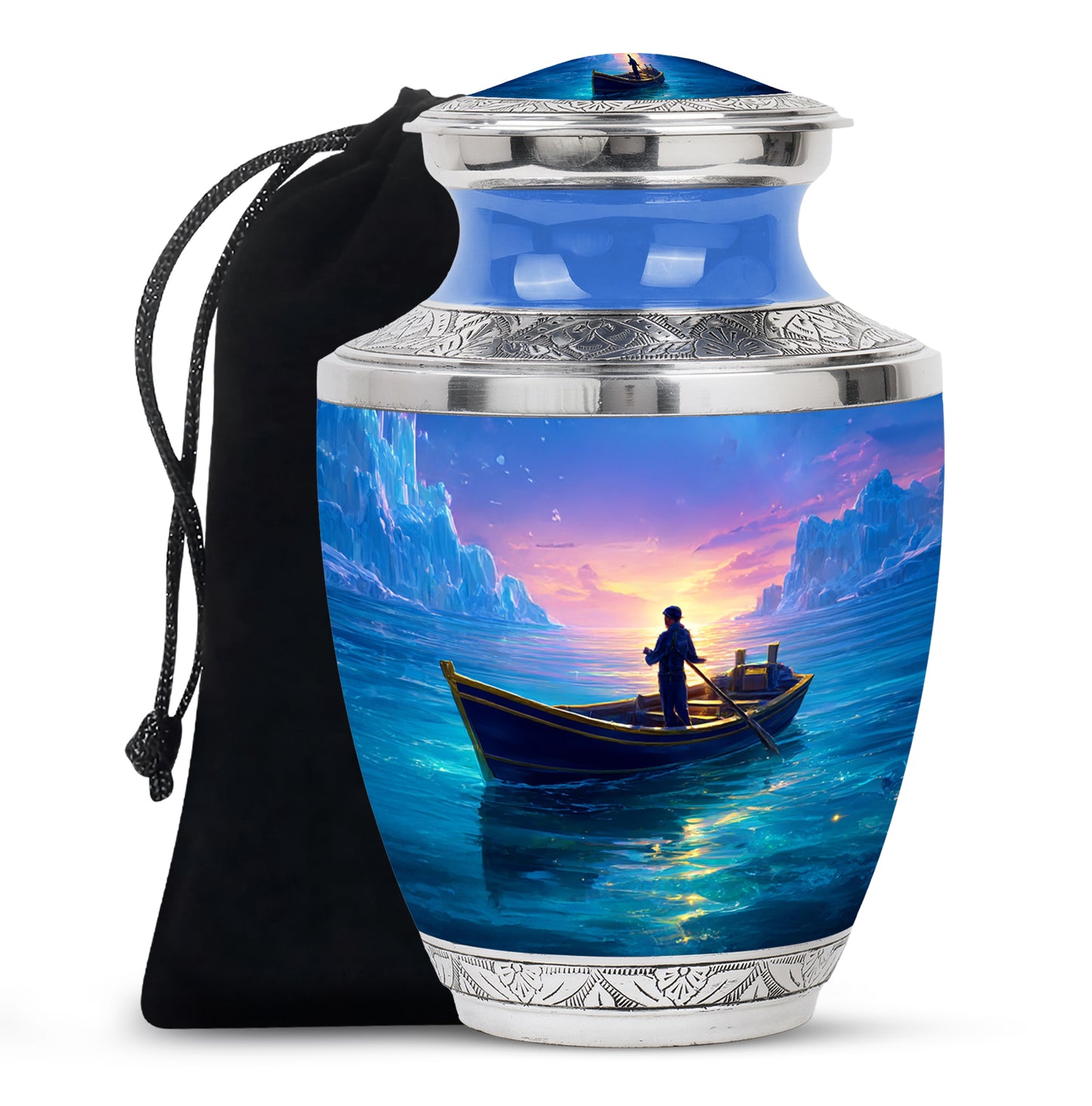 Celestial Blue Boat Cremation Urn side profile showing urn shape - modern art-inspired boat motif on sleek aluminum - full-size 10 inch 200 cubic inch adult cremation urn