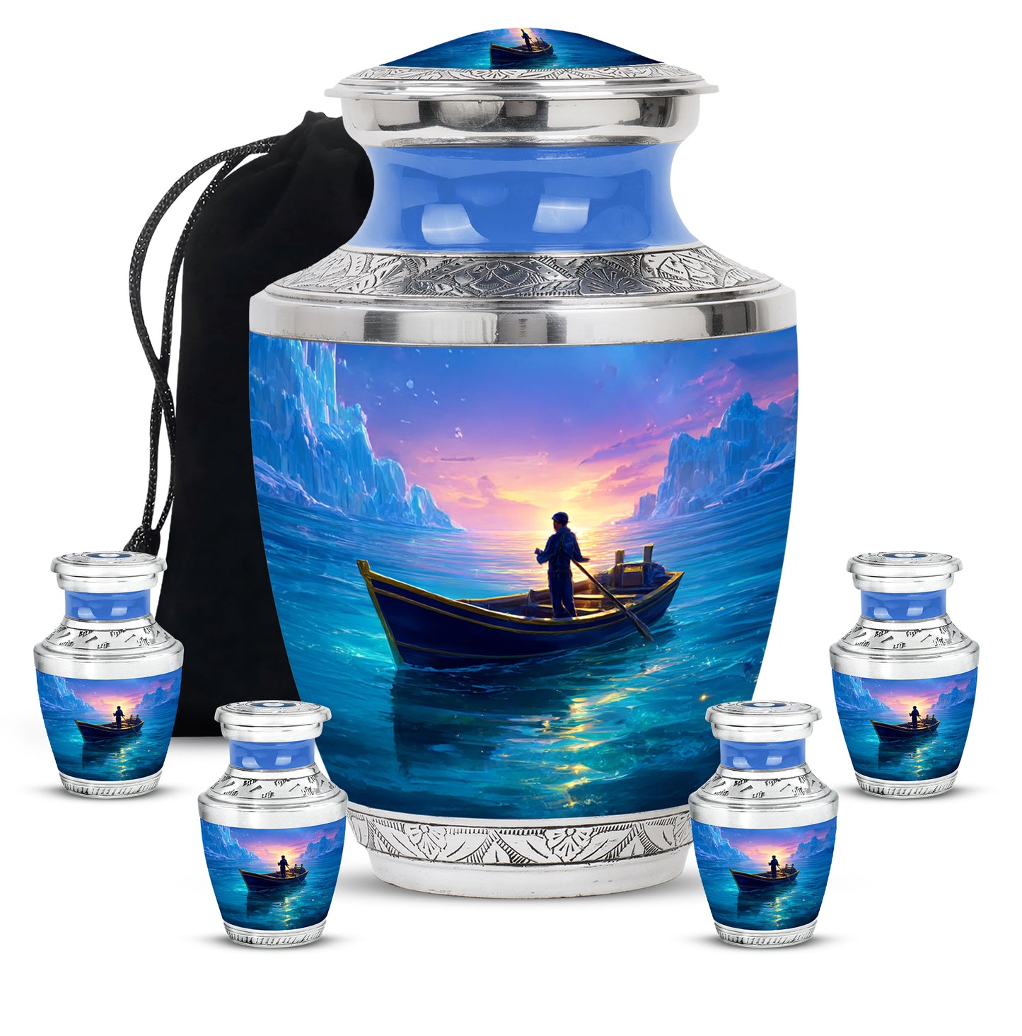 Serene Blue Boat Cremation Urn lifestyle display on memorial shelf - stylized abstract boat pattern with bold lines - memorial set with one large and four small urns