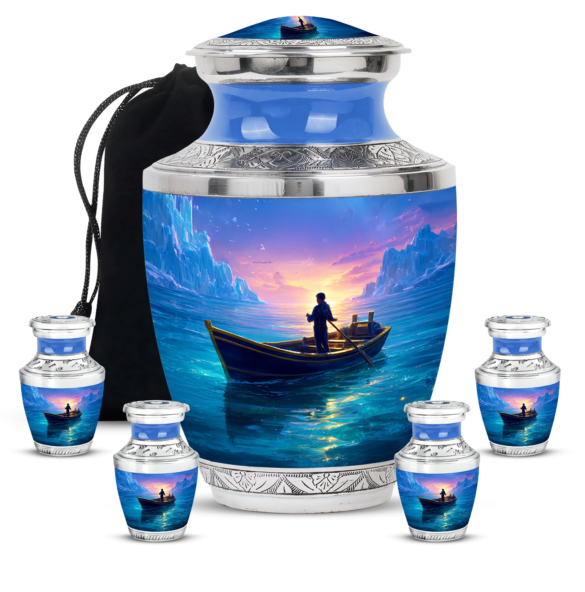 Serene Blue Boat Cremation Urn lifestyle display on memorial shelf - stylized abstract boat pattern with bold lines - memorial set with one large and four small urns