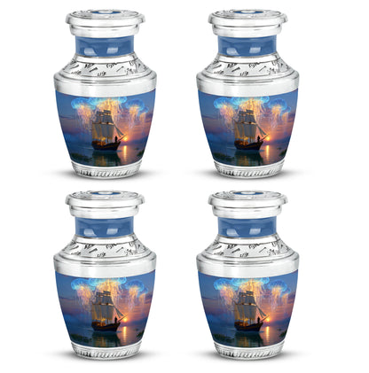 Bright Blue Boat Cremation Urn back view with polished surface - artistic boat interpretation with creative detail - 10 inch aluminum urn for cremated remains