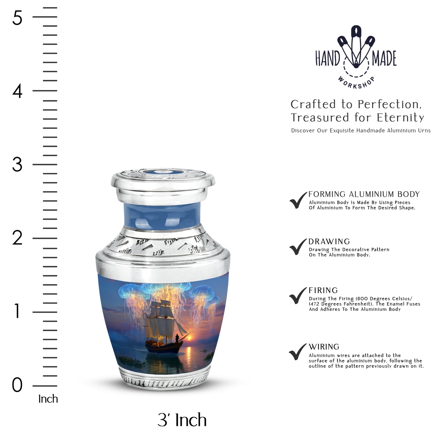 Dusty Blue Boat Cremation Urn top-down view of secure threaded lid - contemporary boat design with modern artistic flair - mini keepsake memorial for portion of cremation ashes