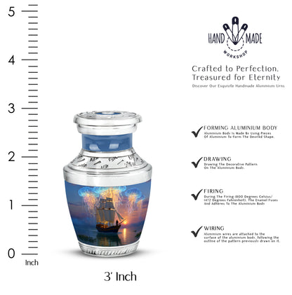 Dusty Blue Boat Cremation Urn top-down view of secure threaded lid - contemporary boat design with modern artistic flair - mini keepsake memorial for portion of cremation ashes