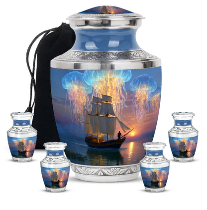 Cornflower Blue Boat Cremation Urn lifestyle display on memorial shelf - artistic boat interpretation with creative detail - memorial set with one large and four small urns