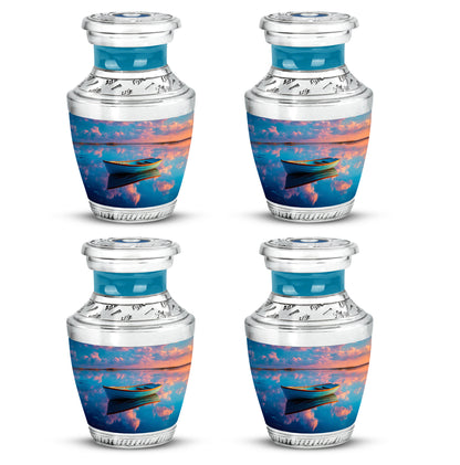 Slate Blue Boat Cremation Urn back view with polished surface - contemporary boat design with modern artistic flair - 10 inch aluminum urn for cremated remains