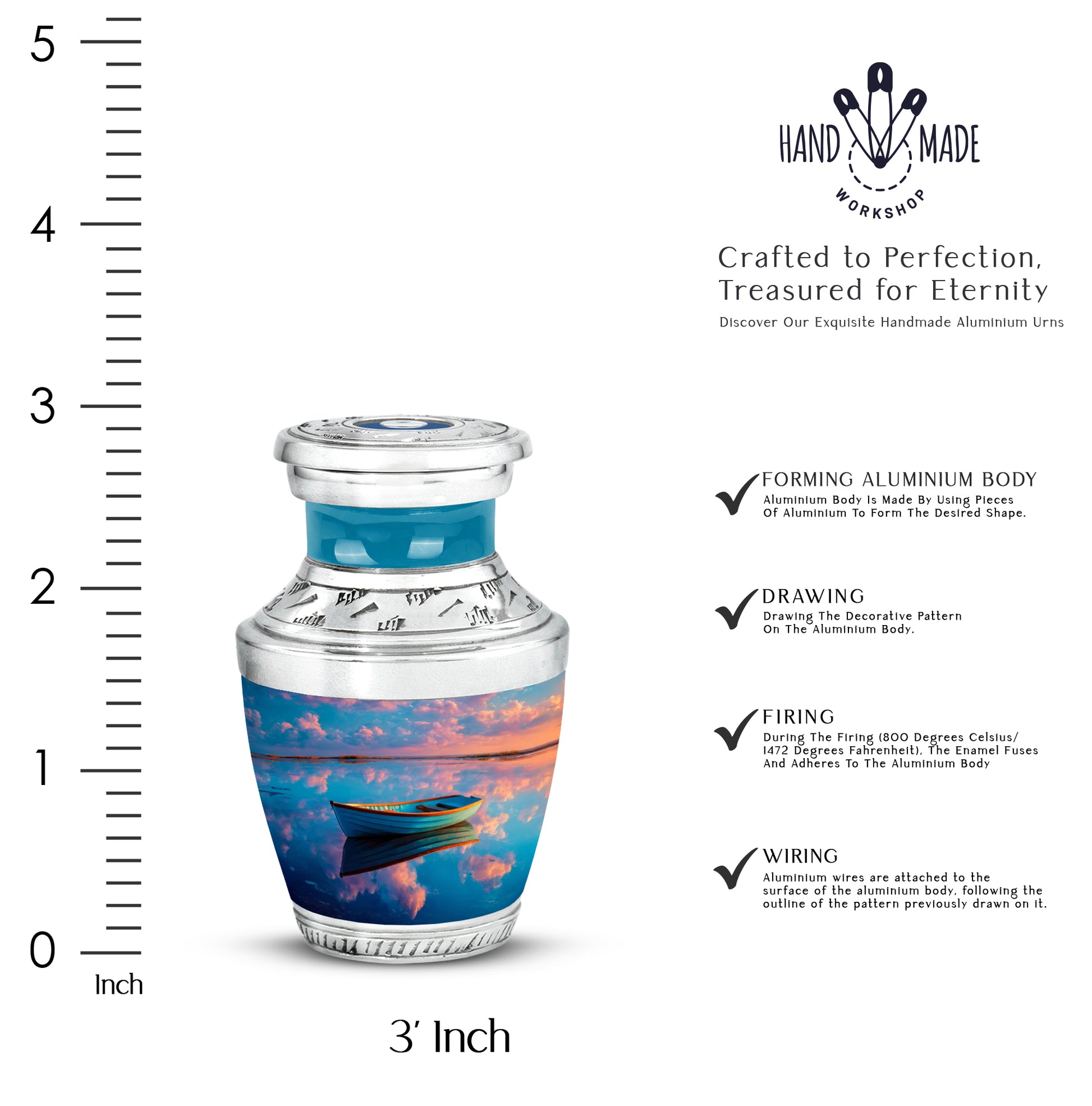 Cobalt Blue Boat Cremation Urn top-down view of secure threaded lid - artistic boat interpretation with creative detail - mini keepsake memorial for portion of cremation ashes