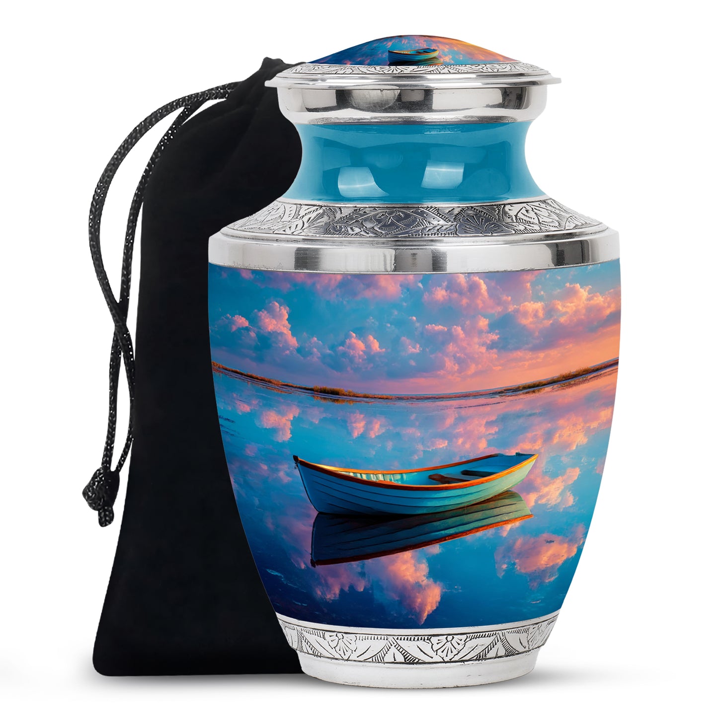 Cobalt Blue Boat Cremation Urn side profile showing urn shape - artistic boat interpretation with creative detail - full-size 10 inch 200 cubic inch adult cremation urn