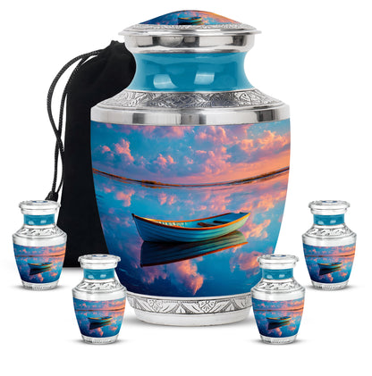 Calming Blue Boat Cremation Urn lifestyle display on memorial shelf - stylized abstract boat pattern with bold lines - memorial set with one large and four small urns