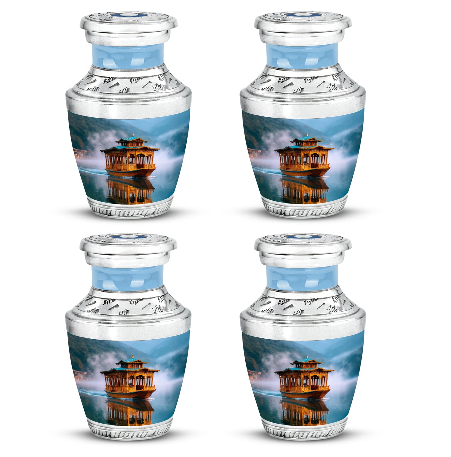 Bright Blue Boat Cremation Urn back view with polished surface - stylized abstract boat pattern with bold lines - 10 inch aluminum urn for cremated remains