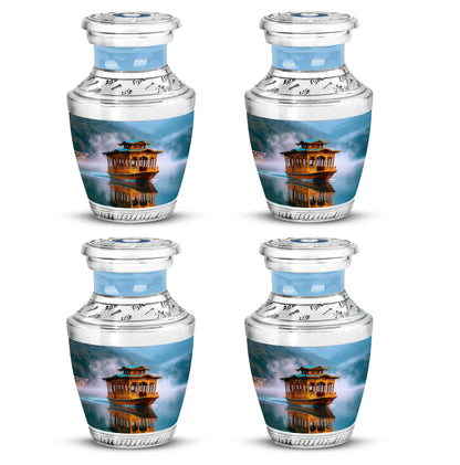 Bright Blue Boat Cremation Urn back view with polished surface - stylized abstract boat pattern with bold lines - 10 inch aluminum urn for cremated remains