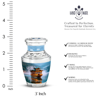 Sky Blue Boat Cremation Urn top-down view of secure threaded lid - modern art-inspired boat motif on sleek aluminum - mini keepsake memorial for portion of cremation ashes