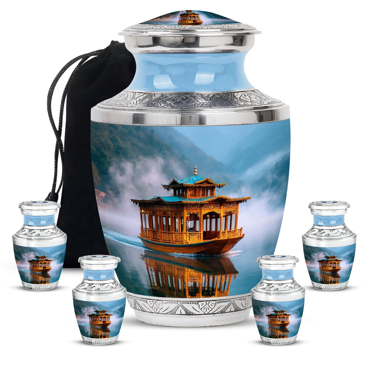 Steel Blue Boat Cremation Urn lifestyle display on memorial shelf - artistic boat interpretation with creative detail - memorial set with one large and four small urns