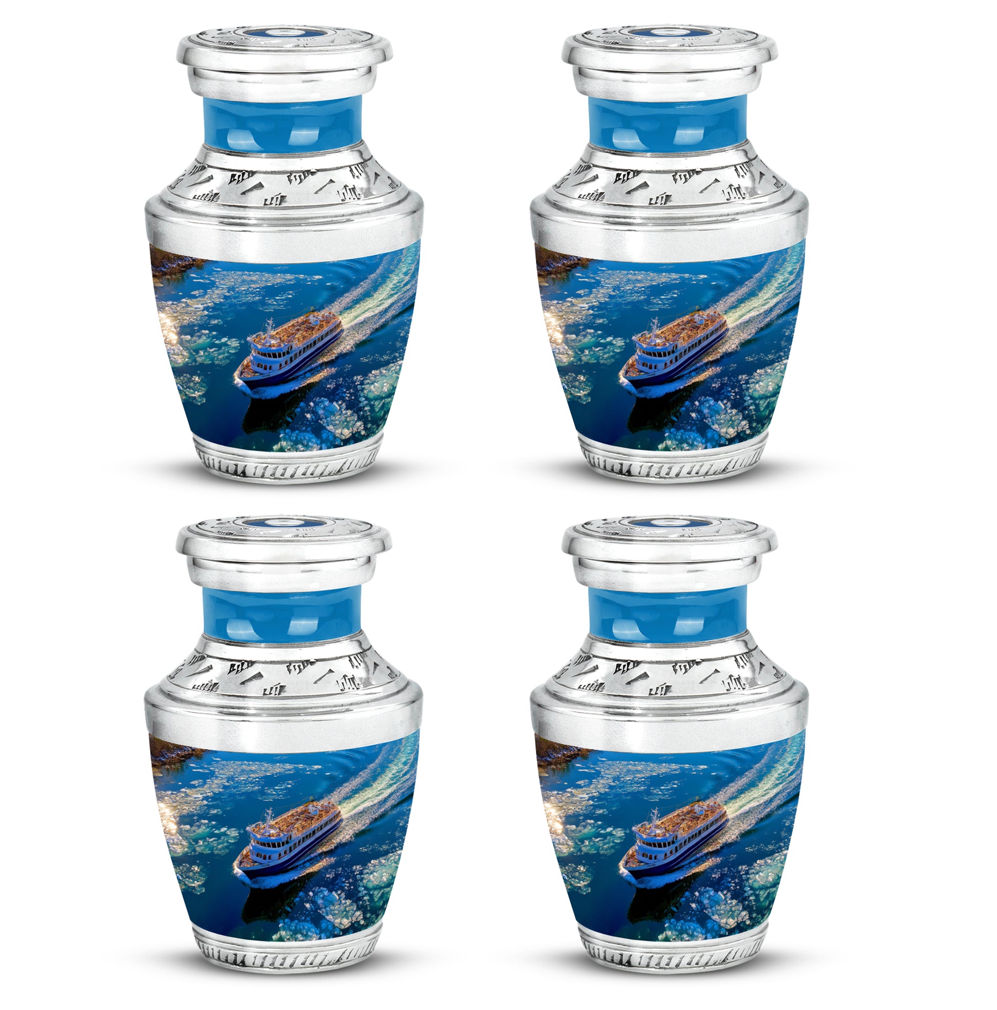 Soft Blue Boat Cremation Urn back view with polished surface - artistic boat interpretation with creative detail - 10 inch aluminum urn for cremated remains
