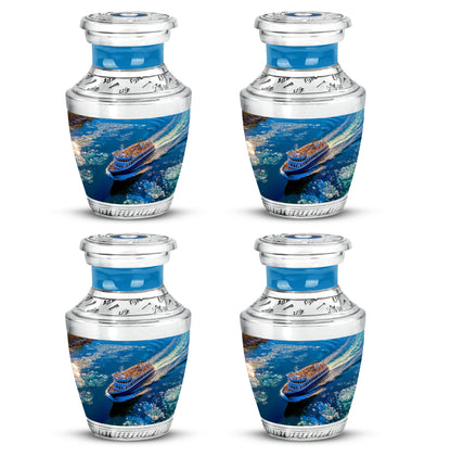 Soft Blue Boat Cremation Urn back view with polished surface - artistic boat interpretation with creative detail - 10 inch aluminum urn for cremated remains