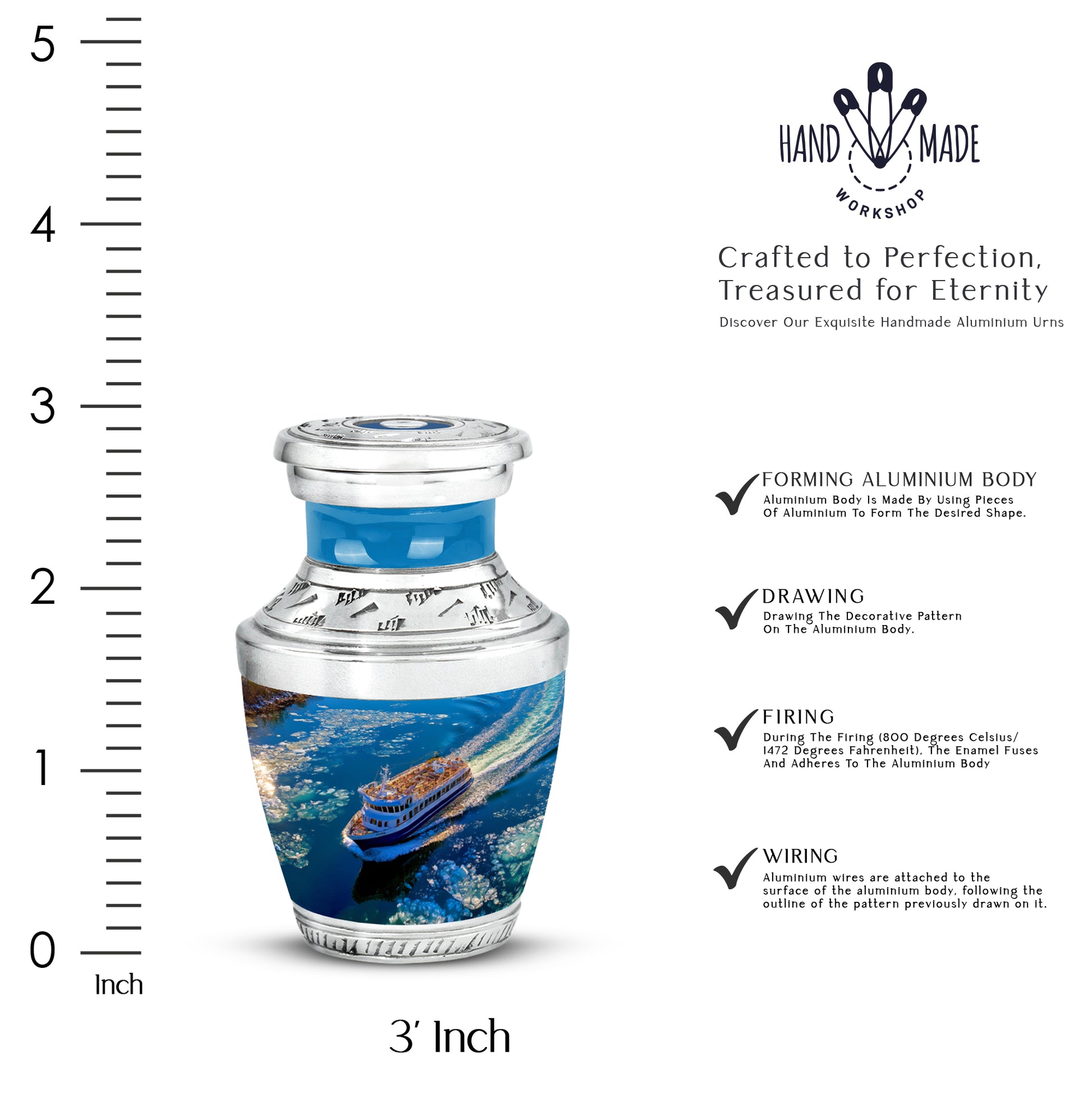Sky Blue Boat Cremation Urn top-down view of secure threaded lid - modern art-inspired boat motif on sleek aluminum - mini keepsake memorial for portion of cremation ashes