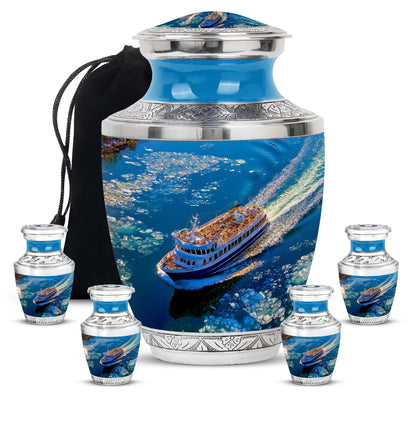 Vivid Blue Boat Cremation Urn lifestyle display on memorial shelf - stylized abstract boat pattern with bold lines - memorial set with one large and four small urns