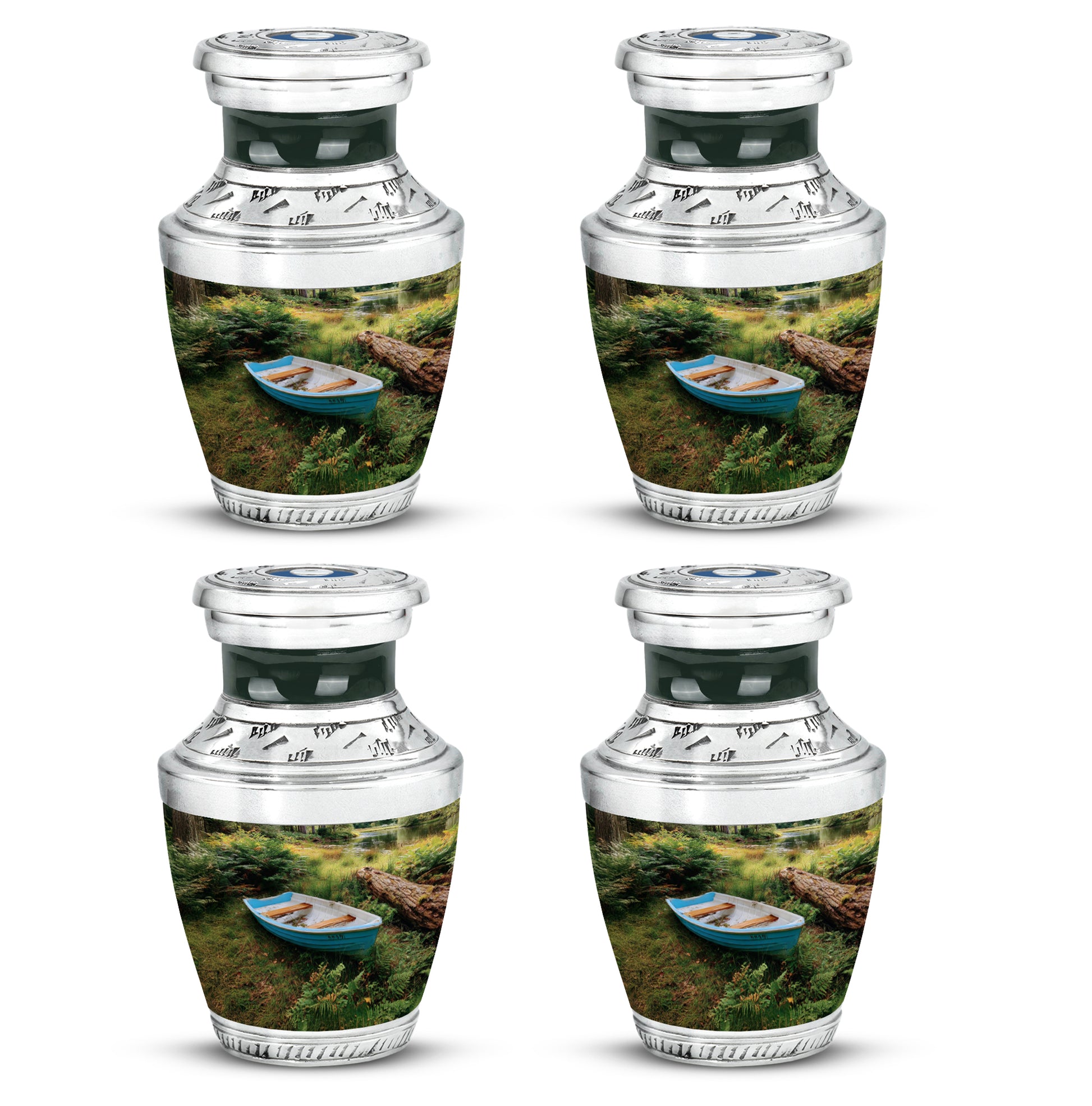 Obsidian Black Boat Cremation Urn back view with polished surface - artistic boat interpretation with creative detail - 10 inch aluminum urn for cremated remains