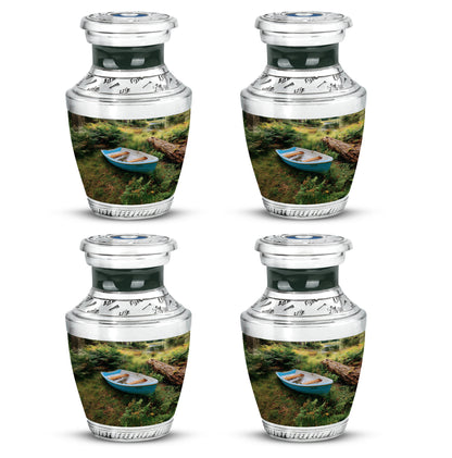 Obsidian Black Boat Cremation Urn back view with polished surface - artistic boat interpretation with creative detail - 10 inch aluminum urn for cremated remains