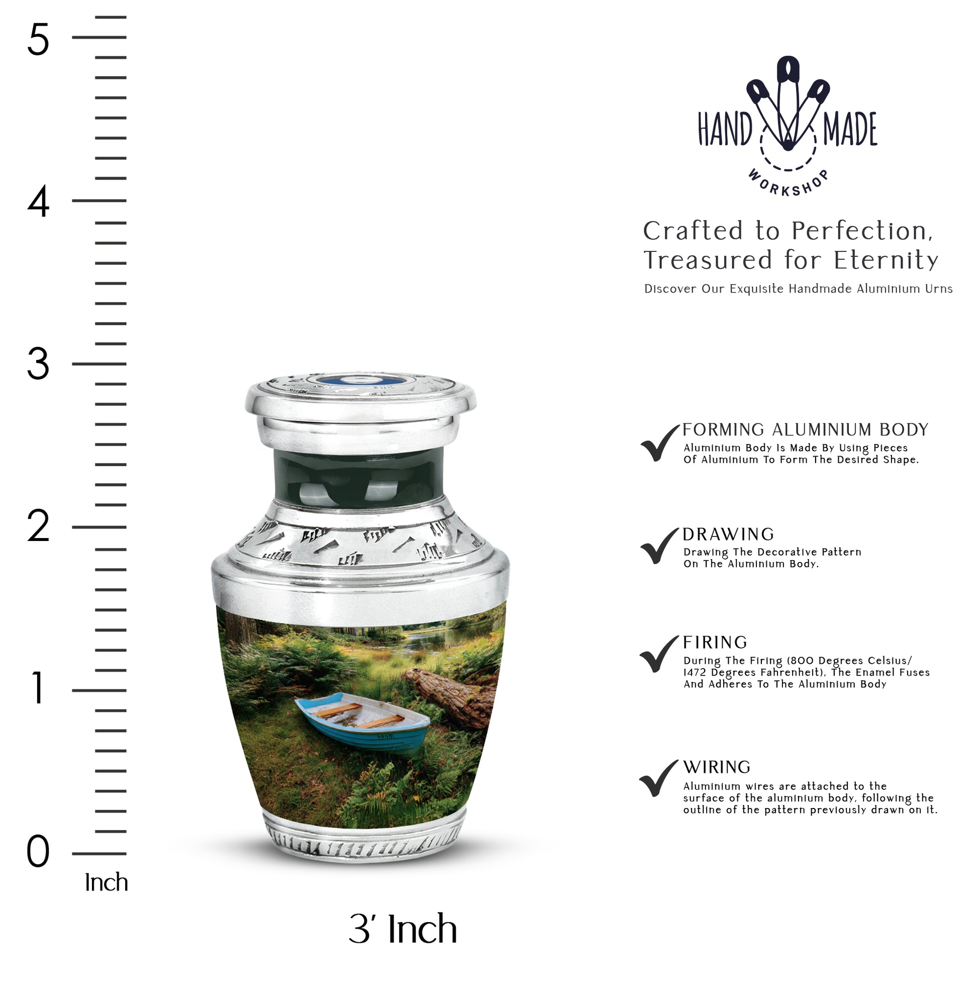 Ebony Boat Cremation Urn top-down view of secure threaded lid - modern art-inspired boat motif on sleek aluminum - mini keepsake memorial for portion of cremation ashes