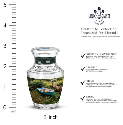 Ebony Boat Cremation Urn top-down view of secure threaded lid - modern art-inspired boat motif on sleek aluminum - mini keepsake memorial for portion of cremation ashes