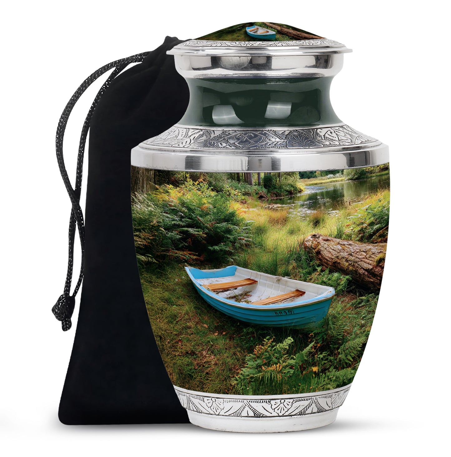 Jet Black Boat Cremation Urn side profile showing urn shape - contemporary boat design with modern artistic flair - full-size 10 inch 200 cubic inch adult cremation urn