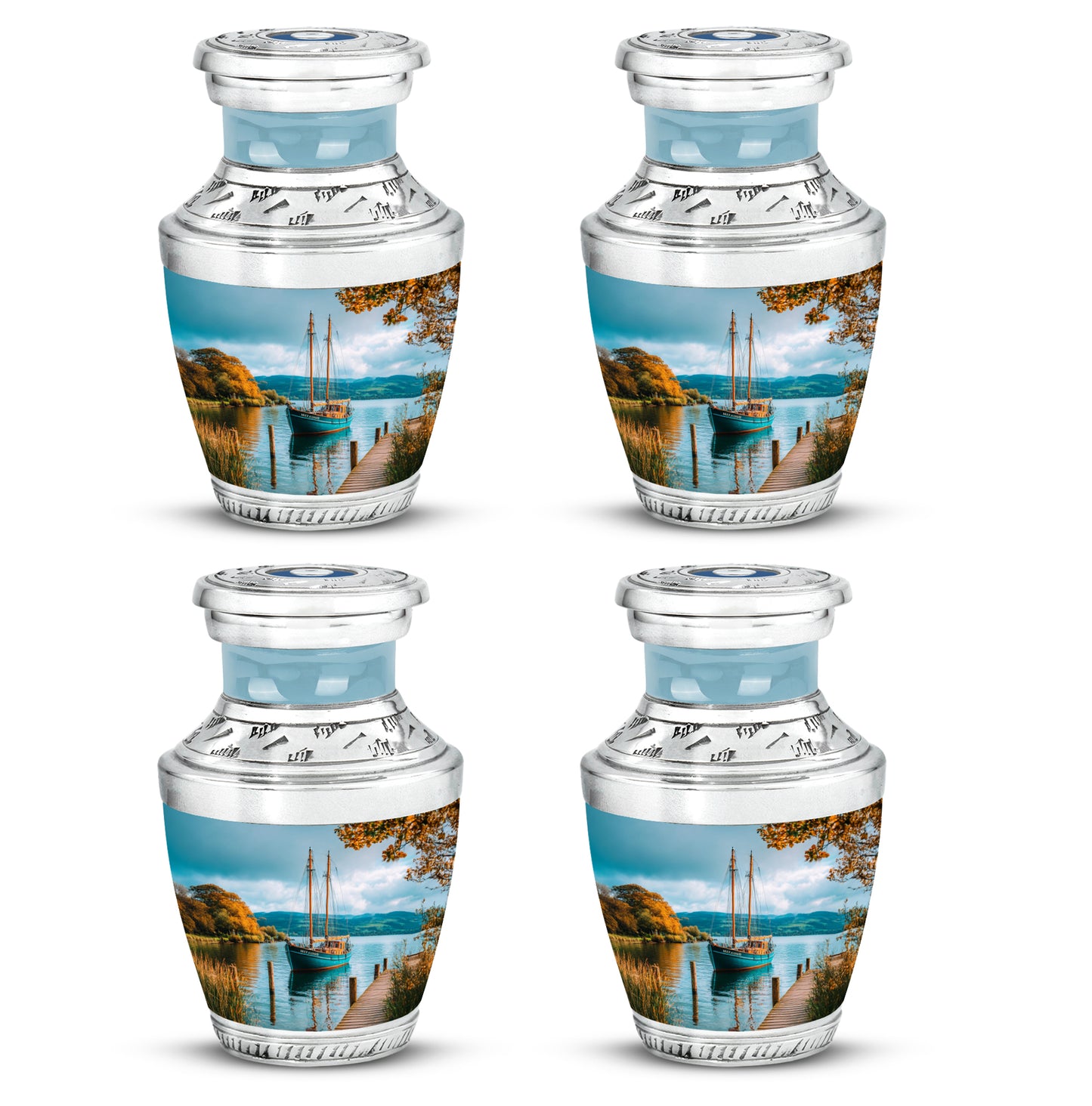 Aqua Teal Boat Cremation Urn back view with polished surface - stylized abstract boat pattern with bold lines - 10 inch aluminum urn for cremated remains