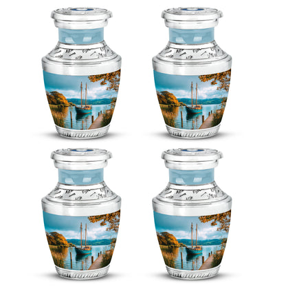 Aqua Teal Boat Cremation Urn back view with polished surface - stylized abstract boat pattern with bold lines - 10 inch aluminum urn for cremated remains