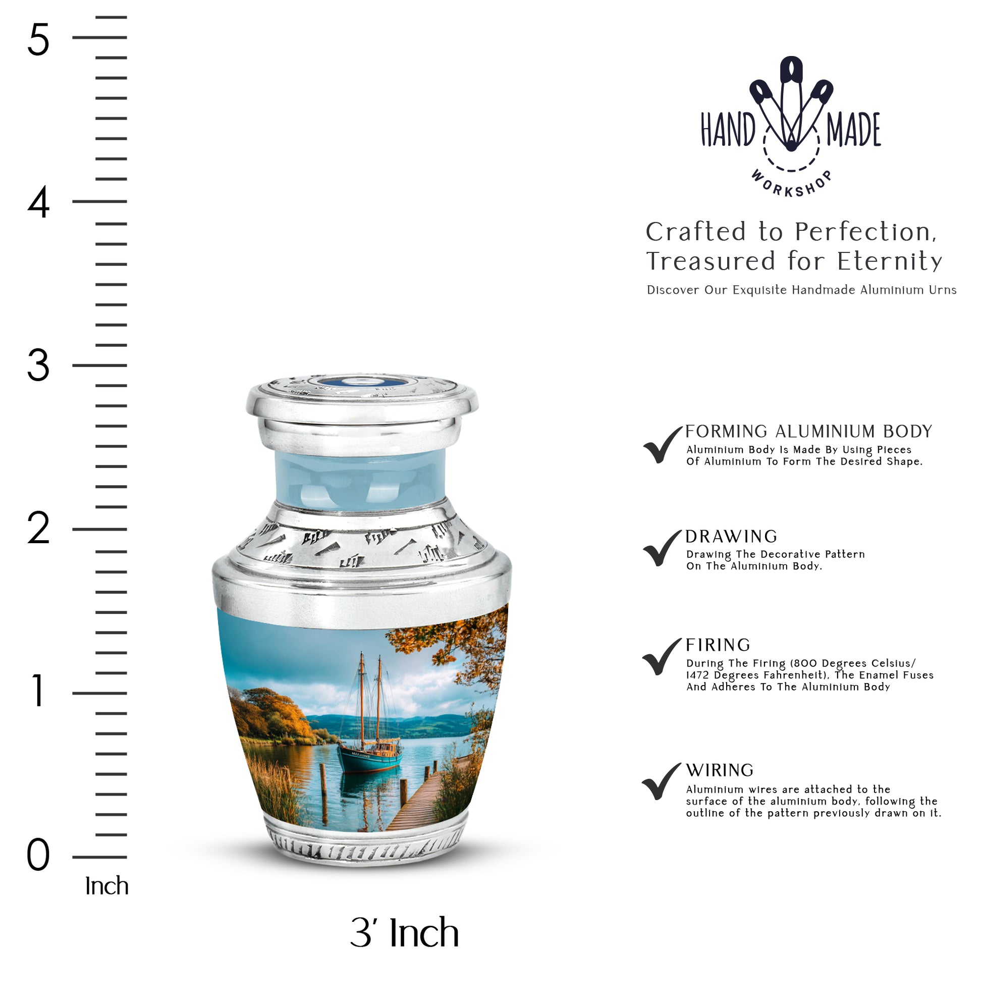 Cool Teal Boat Cremation Urn top-down view of secure threaded lid - modern art-inspired boat motif on sleek aluminum - mini keepsake memorial for portion of cremation ashes