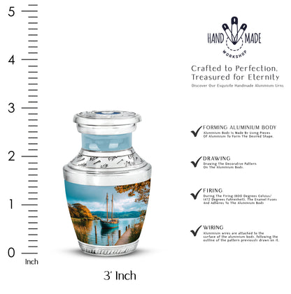 Cool Teal Boat Cremation Urn top-down view of secure threaded lid - modern art-inspired boat motif on sleek aluminum - mini keepsake memorial for portion of cremation ashes