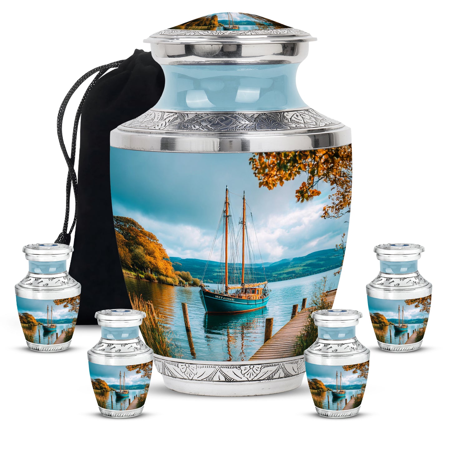 Sea Green Teal Boat Cremation Urn lifestyle display on memorial shelf - contemporary boat design with modern artistic flair - memorial set with one large and four small urns