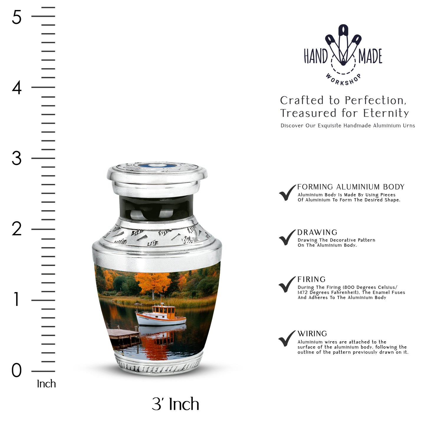 Forest Green Boat Cremation Urn top-down view of secure threaded lid - artistic boat interpretation with creative detail - mini keepsake memorial for portion of cremation ashes