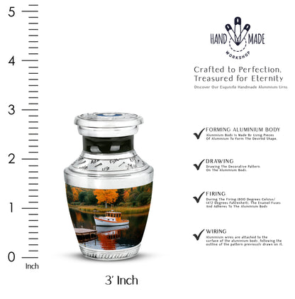 Forest Green Boat Cremation Urn top-down view of secure threaded lid - artistic boat interpretation with creative detail - mini keepsake memorial for portion of cremation ashes