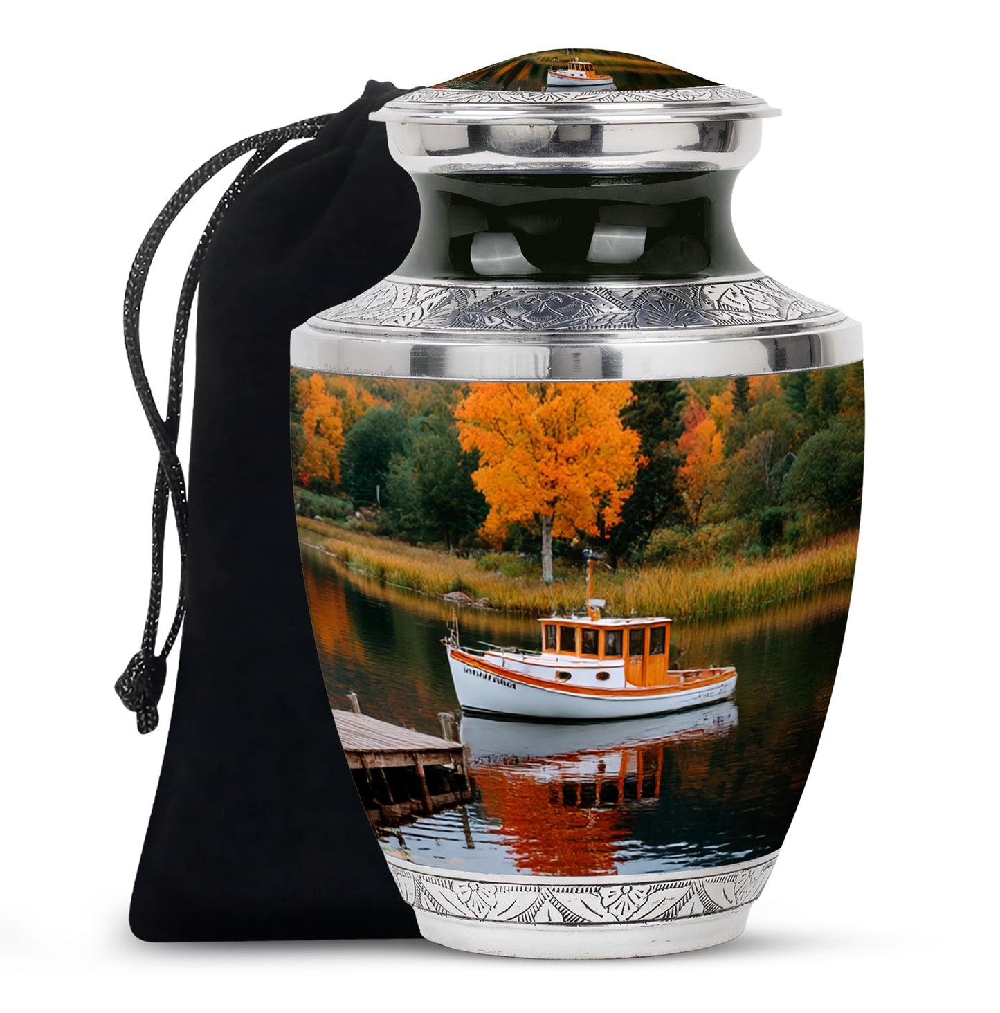 Pine Green Boat Cremation Urn side profile showing urn shape - stylized abstract boat pattern with bold lines - full-size 10 inch 200 cubic inch adult cremation urn