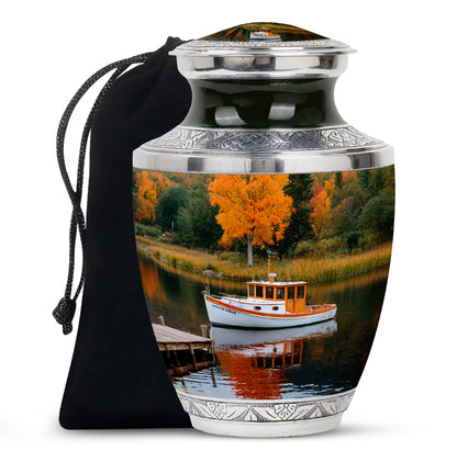 Pine Green Boat Cremation Urn side profile showing urn shape - stylized abstract boat pattern with bold lines - full-size 10 inch 200 cubic inch adult cremation urn