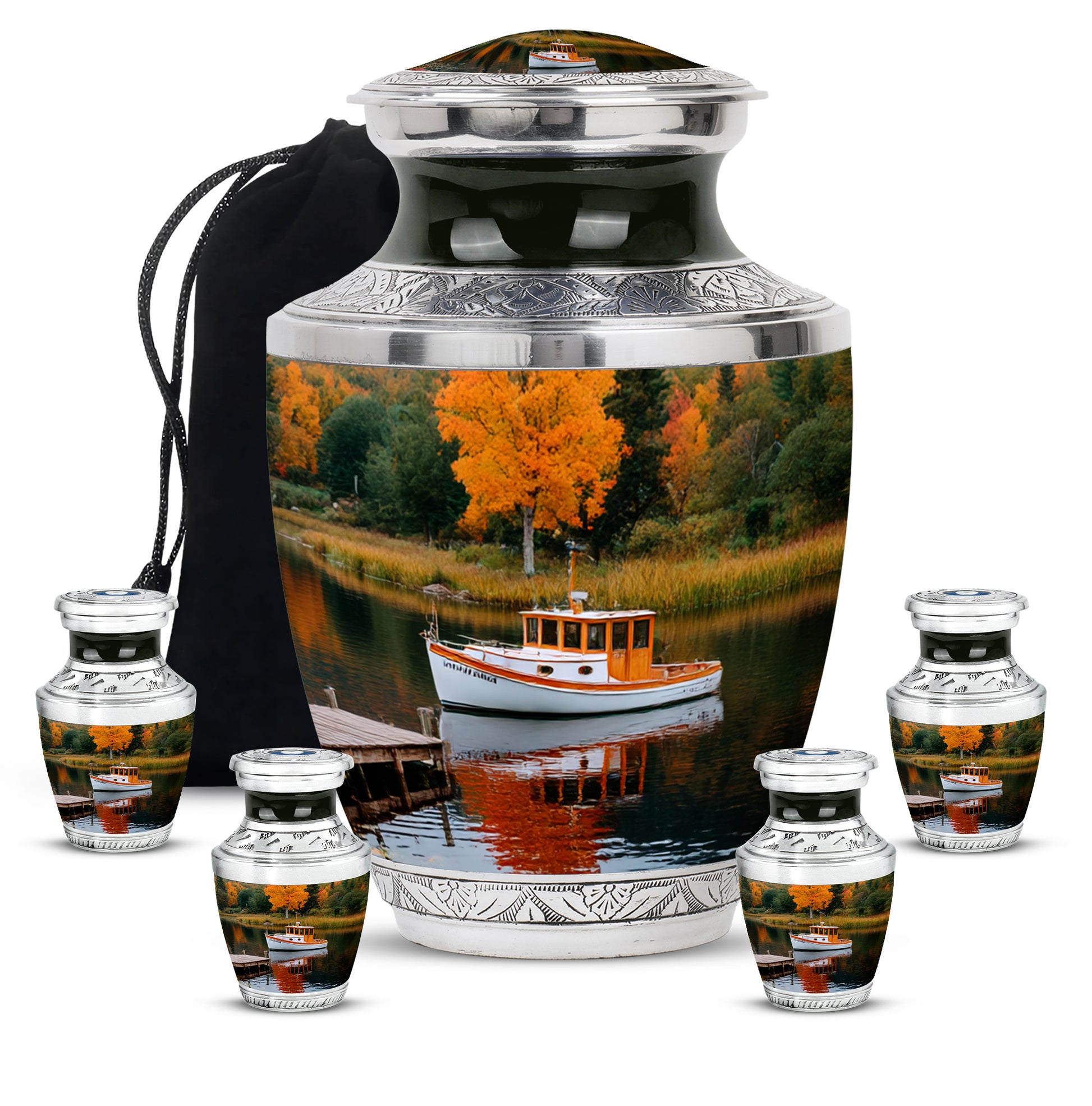 Forest Green Boat Cremation Urn lifestyle display on memorial shelf - stylized abstract boat pattern with bold lines - memorial set with one large and four small urns