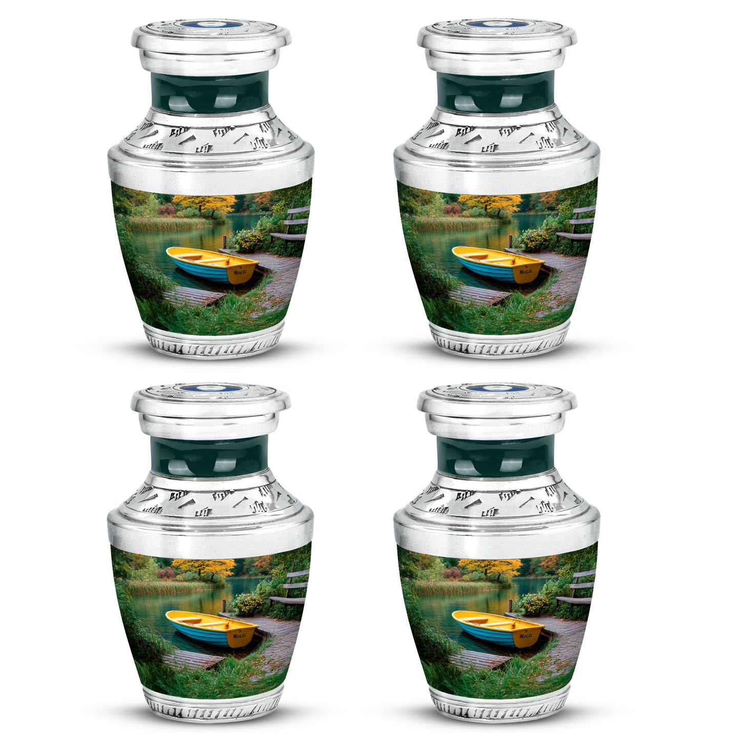 Deep Teal Boat Cremation Urn back view with polished surface - stylized abstract boat pattern with bold lines - 10 inch aluminum urn for cremated remains