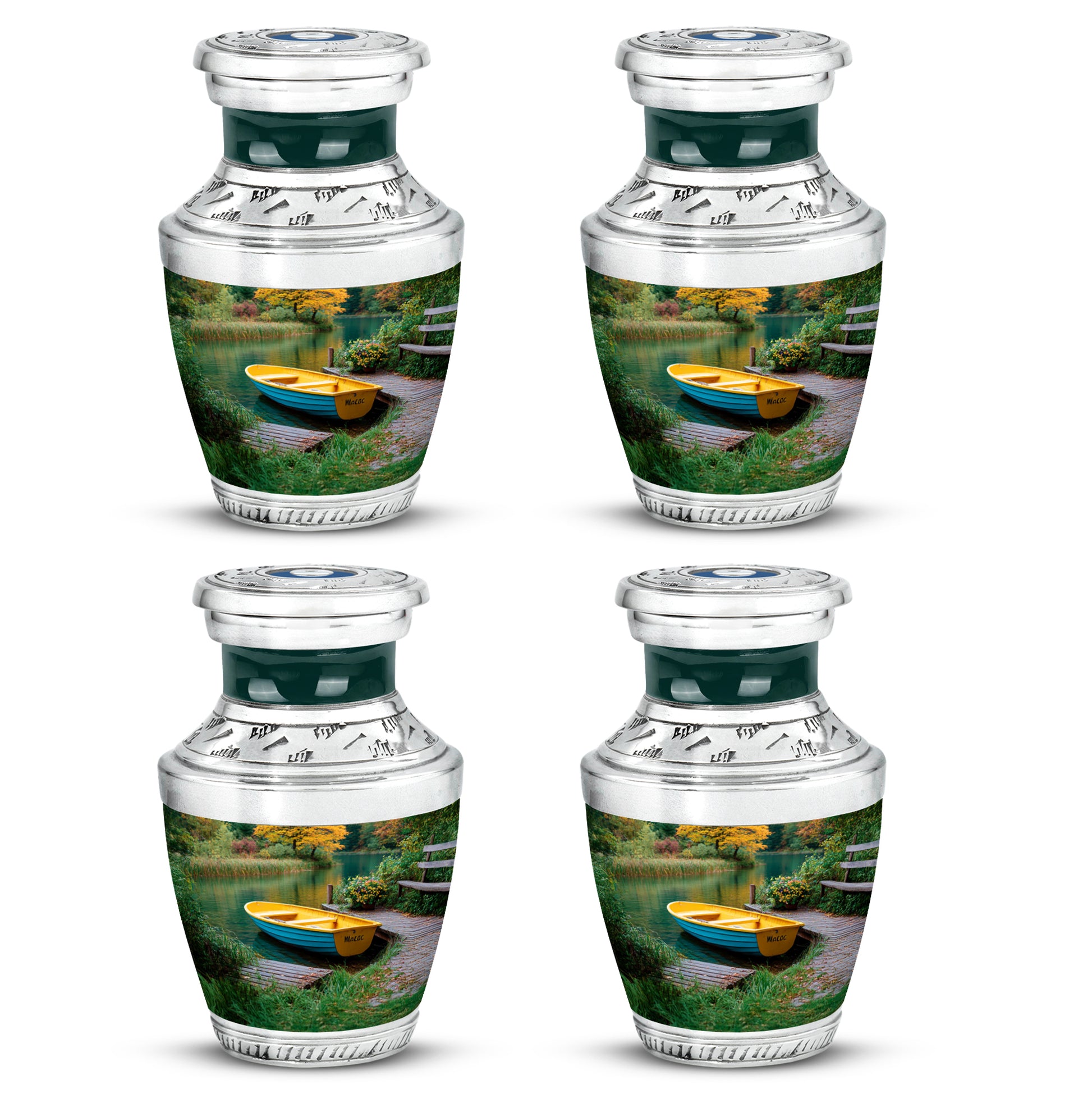 Deep Teal Boat Cremation Urn back view with polished surface - stylized abstract boat pattern with bold lines - 10 inch aluminum urn for cremated remains