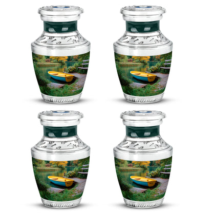 Deep Teal Boat Cremation Urn back view with polished surface - stylized abstract boat pattern with bold lines - 10 inch aluminum urn for cremated remains