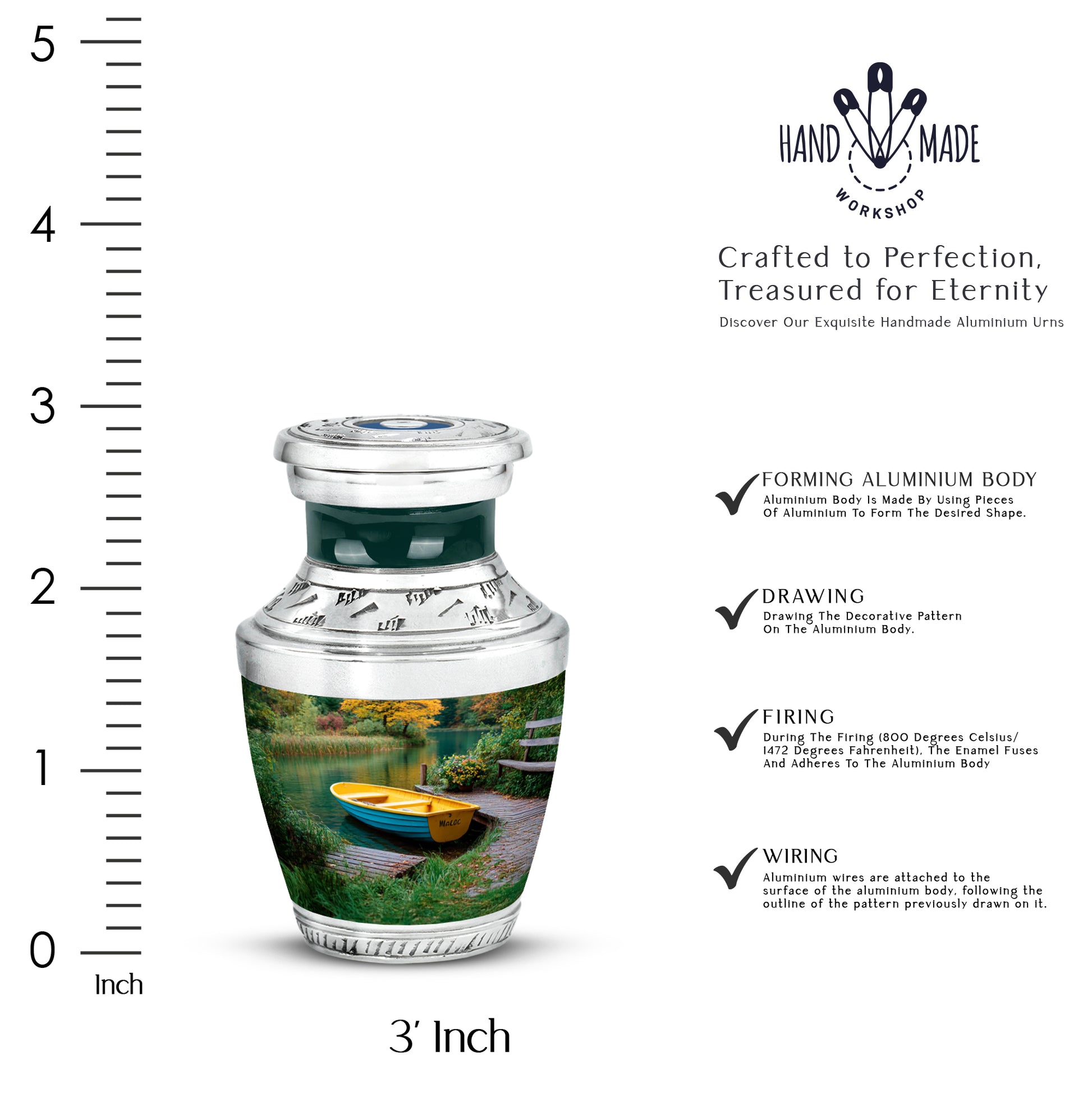 Jewel Teal Boat Cremation Urn top-down view of secure threaded lid - modern art-inspired boat motif on sleek aluminum - mini keepsake memorial for portion of cremation ashes