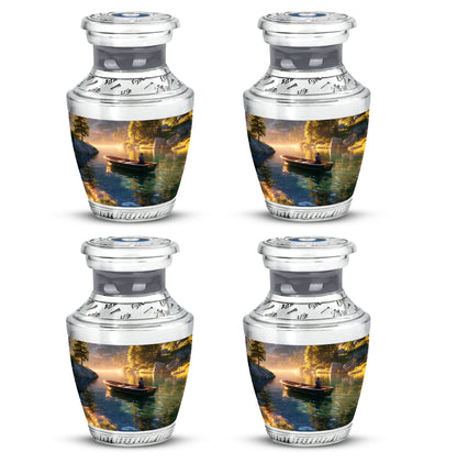 Royal Gold Boat Cremation Urn back view with polished surface - artistic boat interpretation with creative detail - 10 inch aluminum urn for cremated remains