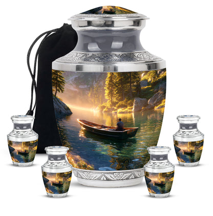 Royal Gold Boat Cremation Urn lifestyle display on memorial shelf - stylized abstract boat pattern with bold lines - memorial set with one large and four small urns