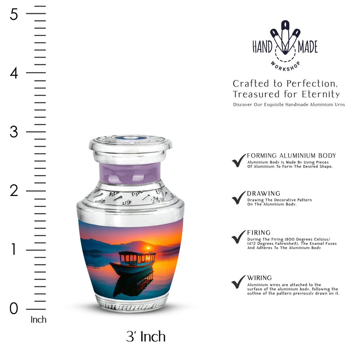 Garnet Red Boat Cremation Urn top-down view of secure threaded lid - modern art-inspired boat motif on sleek aluminum - mini keepsake memorial for portion of cremation ashes