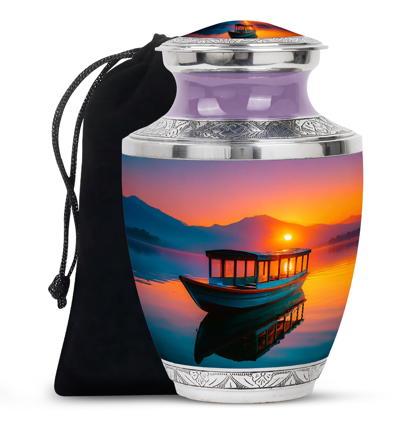 Rich Red Boat Cremation Urn side profile showing urn shape - artistic boat interpretation with creative detail - full-size 10 inch 200 cubic inch adult cremation urn