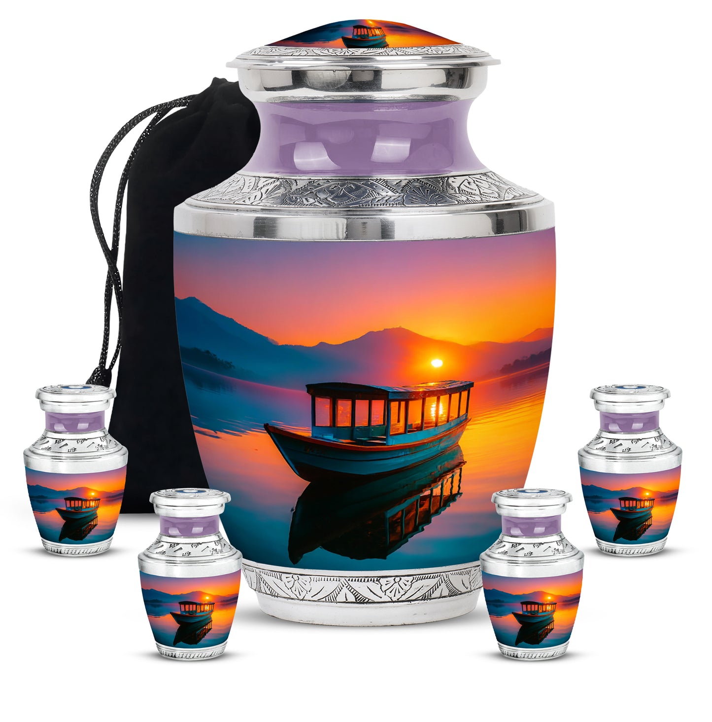 Cherry Red Boat Cremation Urn lifestyle display on memorial shelf - artistic boat interpretation with creative detail - memorial set with one large and four small urns